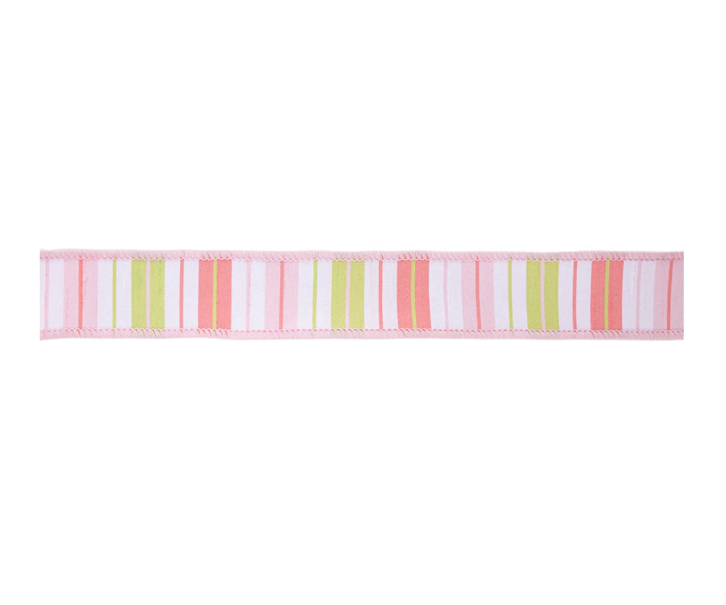 1 1/2” Wired Ribbon/Pink Green White Stripes w Pink Backing/10 Yard Roll