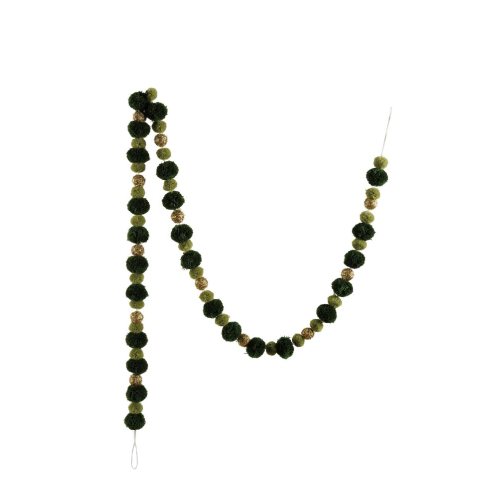 Fabric Pom Pom Garland, Green & Gold Color