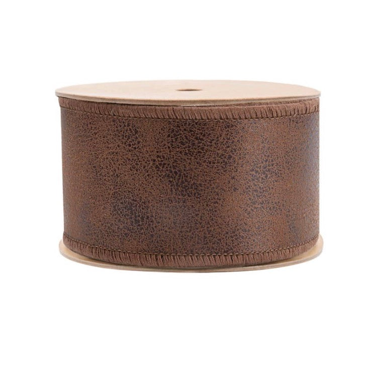 2 1/2” Wired Leather Ribbon Brown w Jute Backing