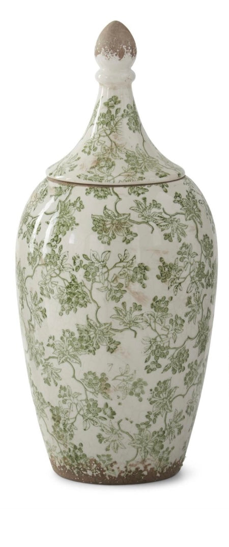 17.5" Green & Cream Crackled Ceramic Chinoiserie Ginger Jar