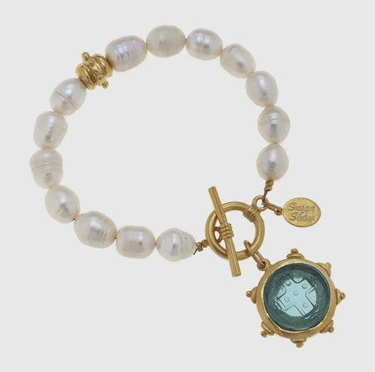 Aqua Venetian Glass Cross on Freshwater Pearl Bracelet
