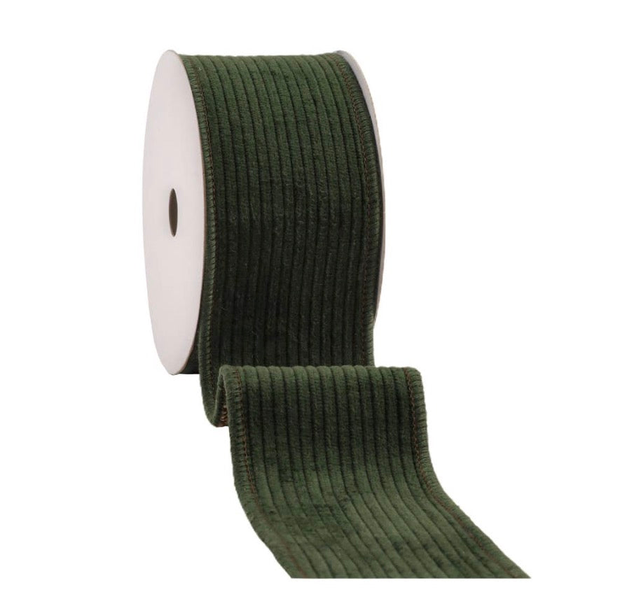 2 1/2” Wired Corduroy Ribbon Green w Burlap Back, 5yd