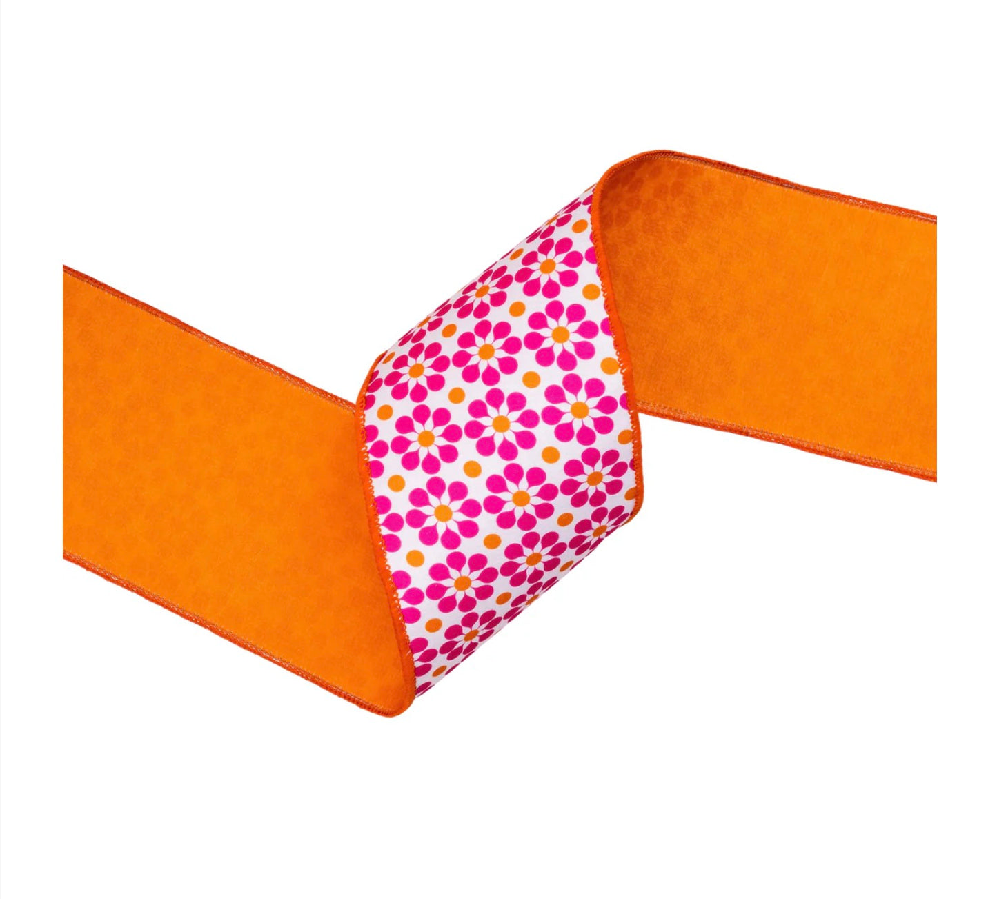 4” Wired Dupioni Ribbon/Pink & Orange Geometric Floral w Orange Backing/10 Yard roll