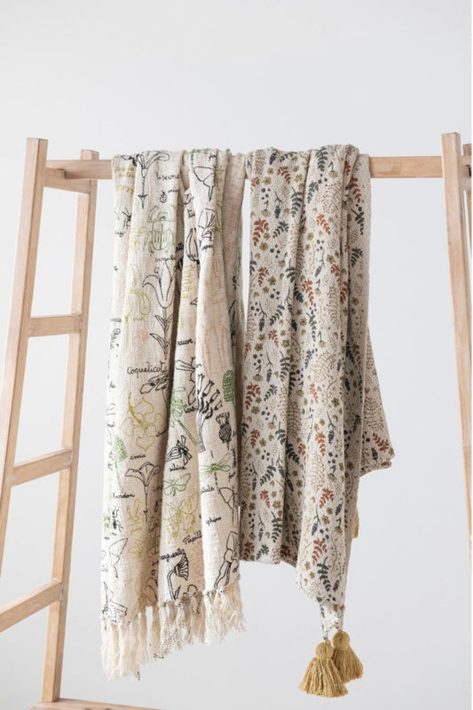 Woven Printed Throw w/ Tassels, Floral Pattern