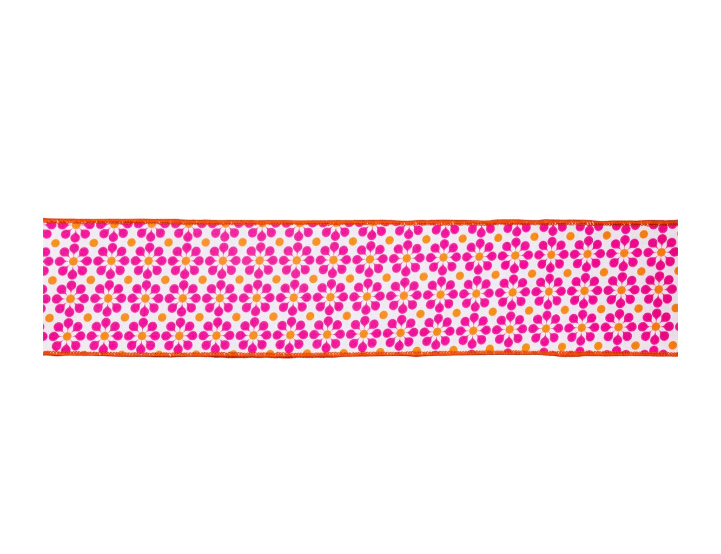 4” Wired Dupioni Ribbon/Pink & Orange Geometric Floral w Orange Backing/10 Yard roll