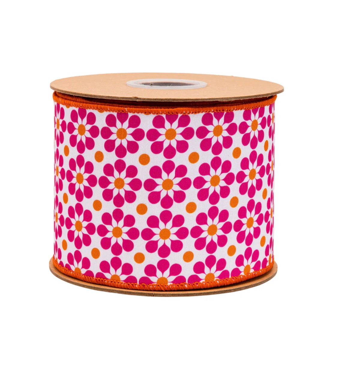 4” Wired Dupioni Ribbon/Pink & Orange Geometric Floral w Orange Backing/10 Yard roll