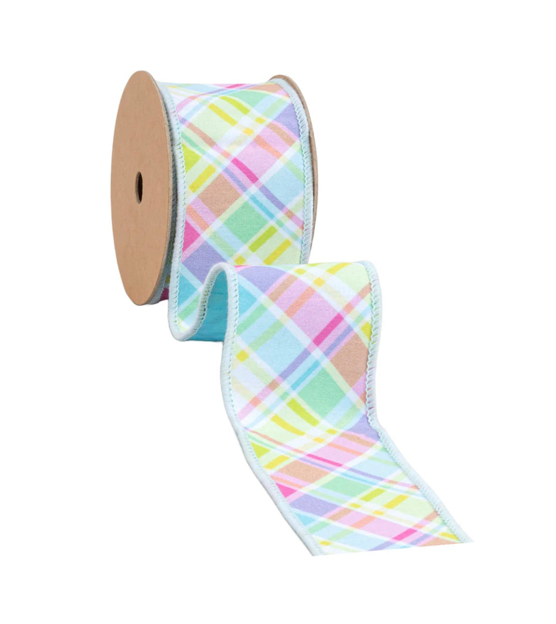 2 1/2” Wired Dupioni Ribbon/Bias Large Plaid Blue & Yellow w Blue Taffeta Fused Back/10 Yard Roll