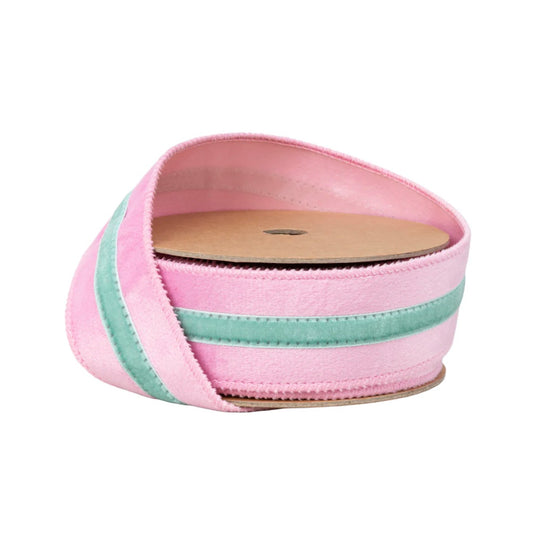 1 1/2” Wired Velvet Ribbon/Pink w Blue Trim/10 Yards