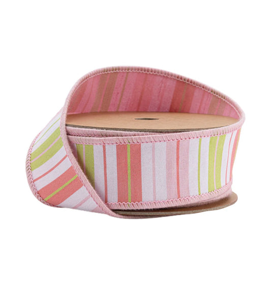 1 1/2” Wired Ribbon/Pink Green White Stripes w Pink Backing/10 Yard Roll