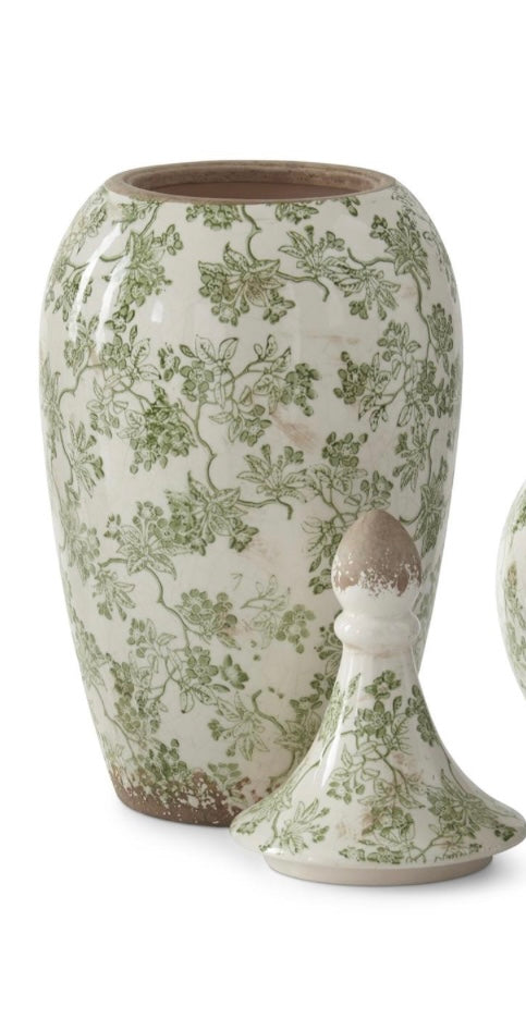 17.5" Green & Cream Crackled Ceramic Chinoiserie Ginger Jar
