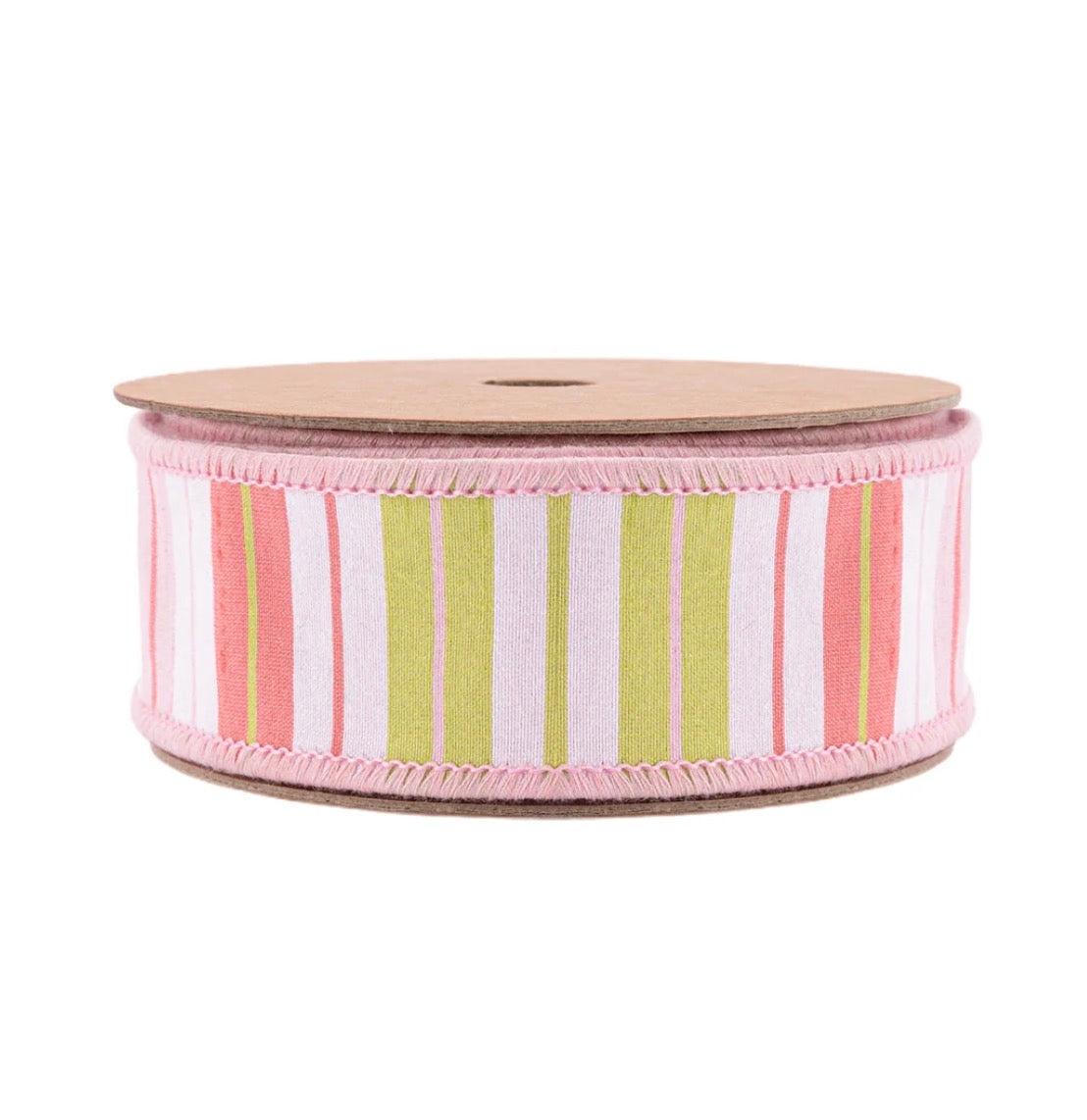 1 1/2” Wired Ribbon/Pink Green White Stripes w Pink Backing/10 Yard Roll