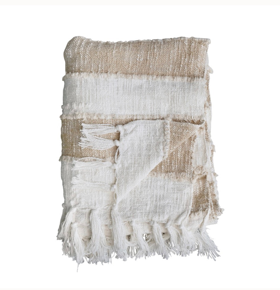 Cotton Blend Throw w Stripes & Fringe,Tan