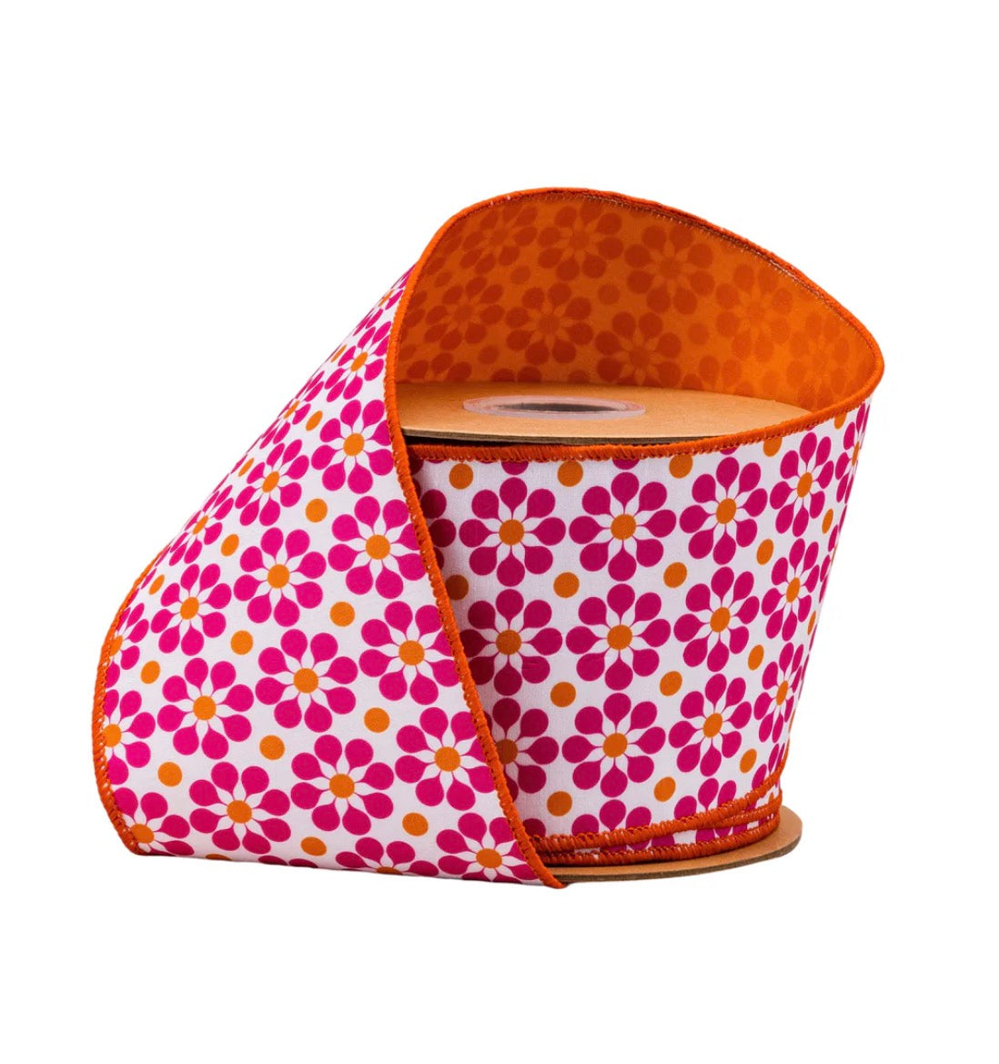 4” Wired Dupioni Ribbon/Pink & Orange Geometric Floral w Orange Backing/10 Yard roll