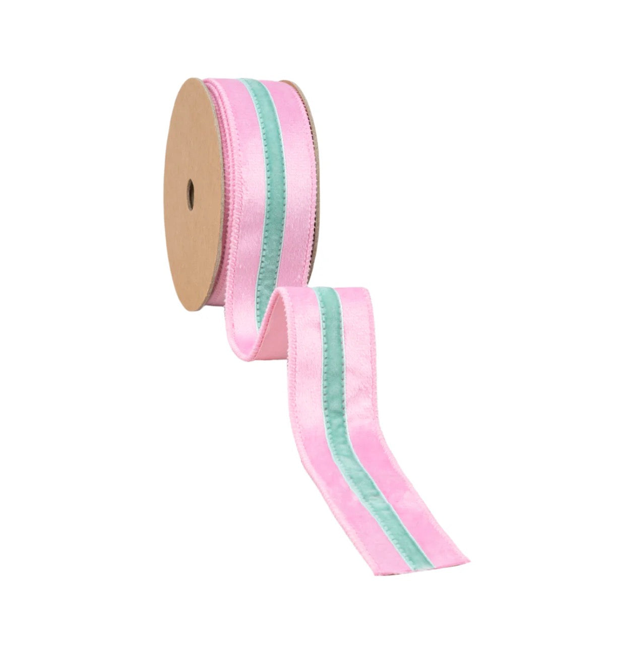1 1/2” Wired Velvet Ribbon/Pink w Blue Trim/10 Yards