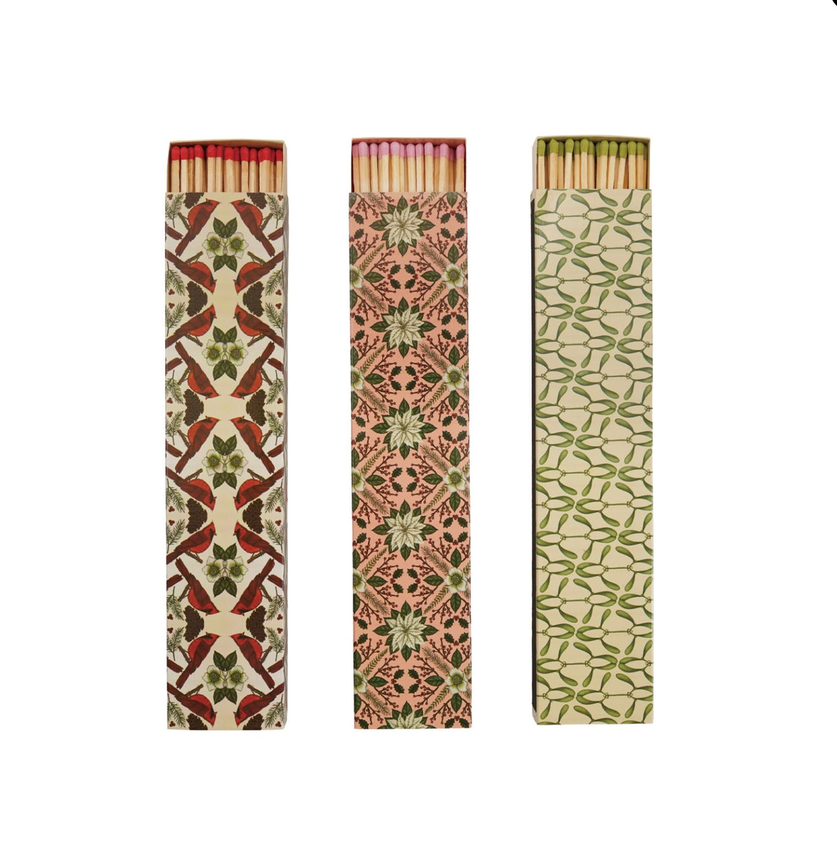 Safety Fireplace Matches in Matchbox w/ Seasonal Botanical Pattern, 3 Styles