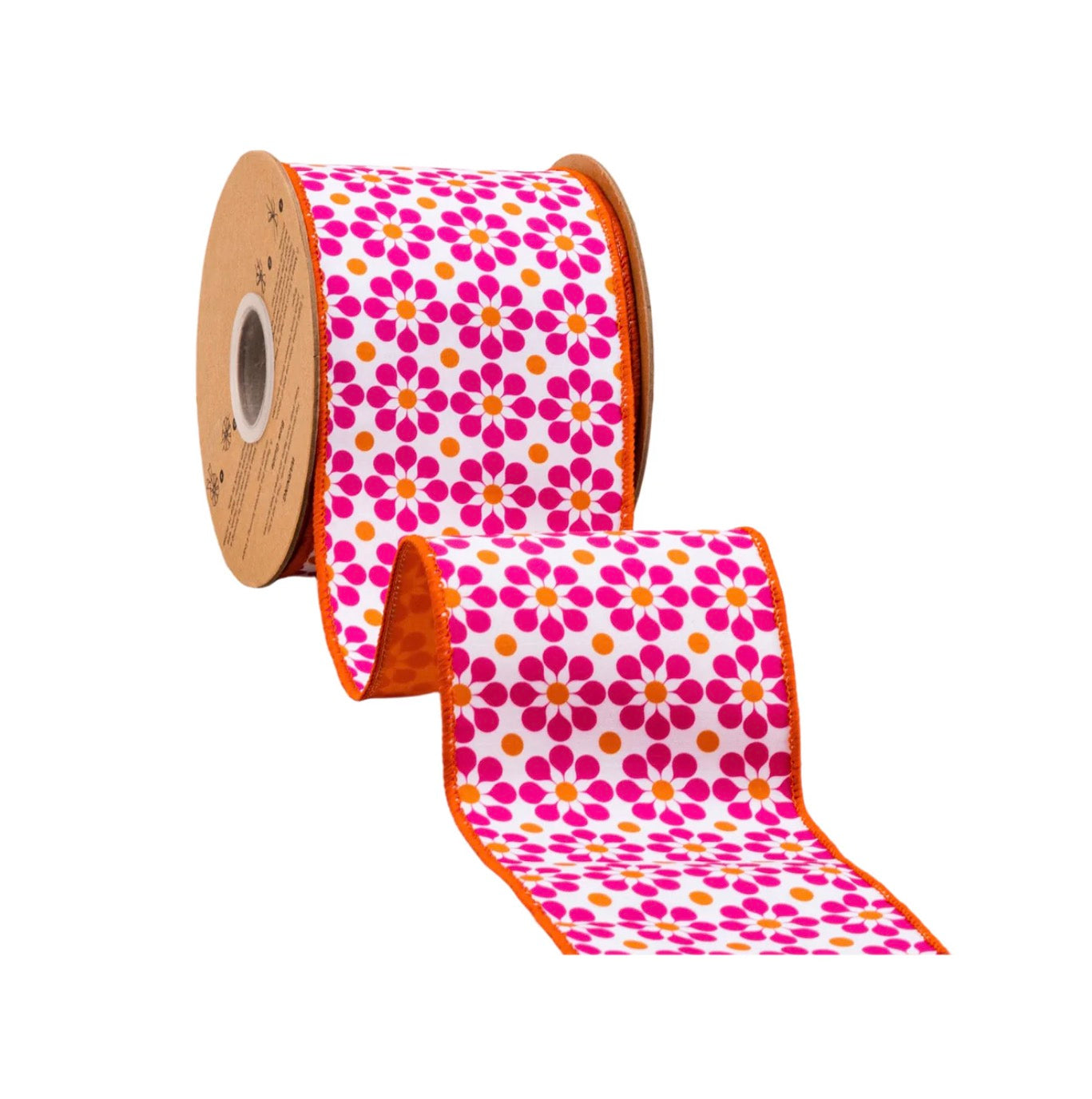 4” Wired Dupioni Ribbon/Pink & Orange Geometric Floral w Orange Backing/10 Yard roll
