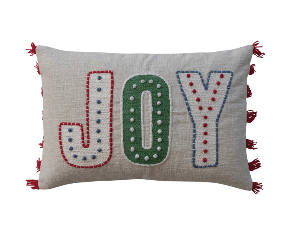 Cotton Pillow w/ Embroidery & Fringe "JOY"