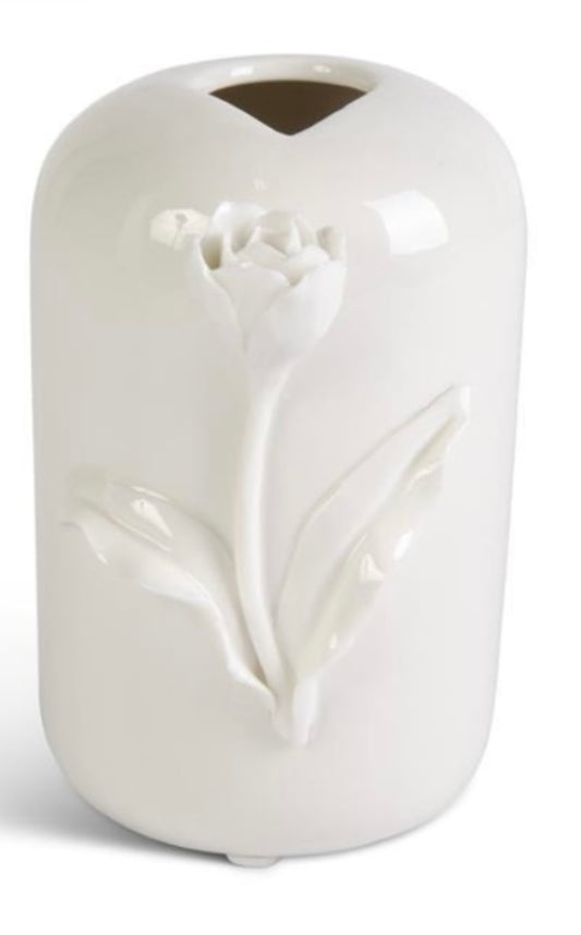 Tall White Ceramic Vase w/ Raised Flowers