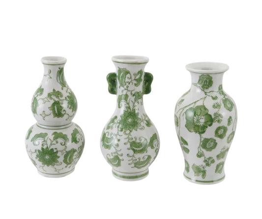 Hand Painted Stoneware Vase w Floral Design,Green and White