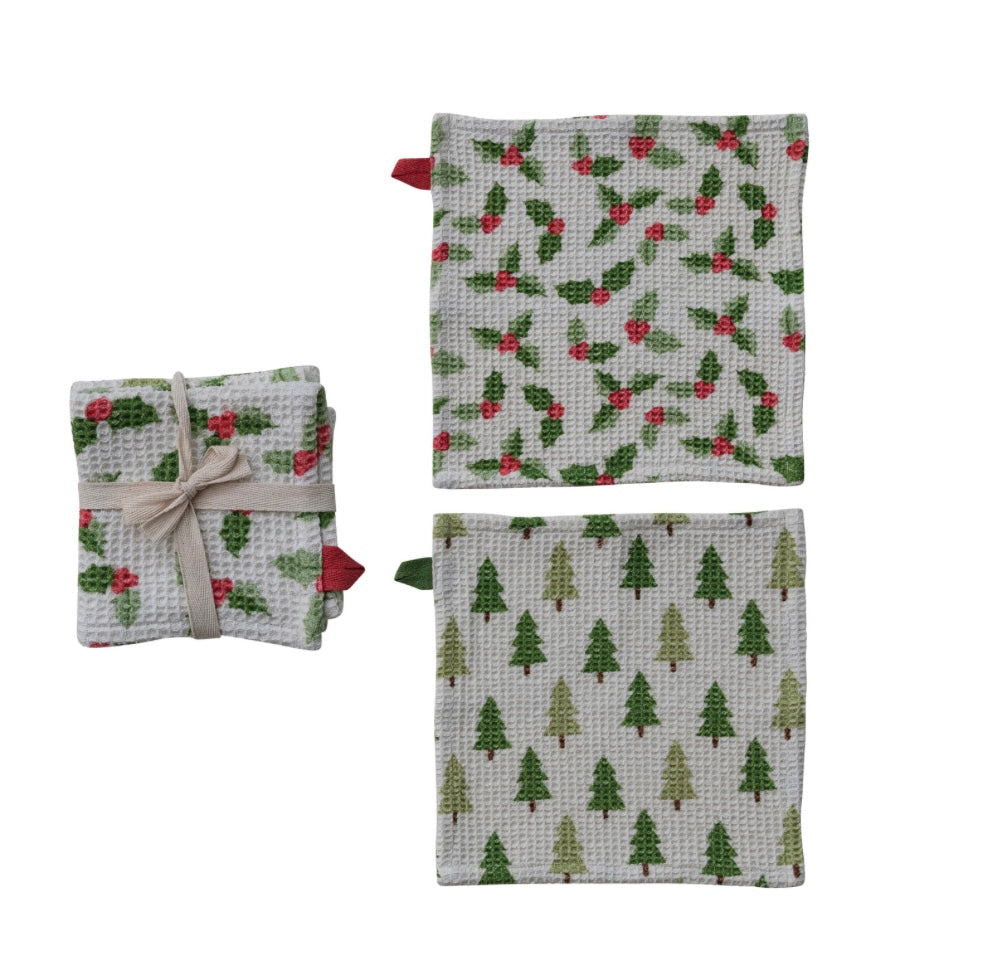 Cotton Printed Waffle weave Dish Cloths, Set of 2