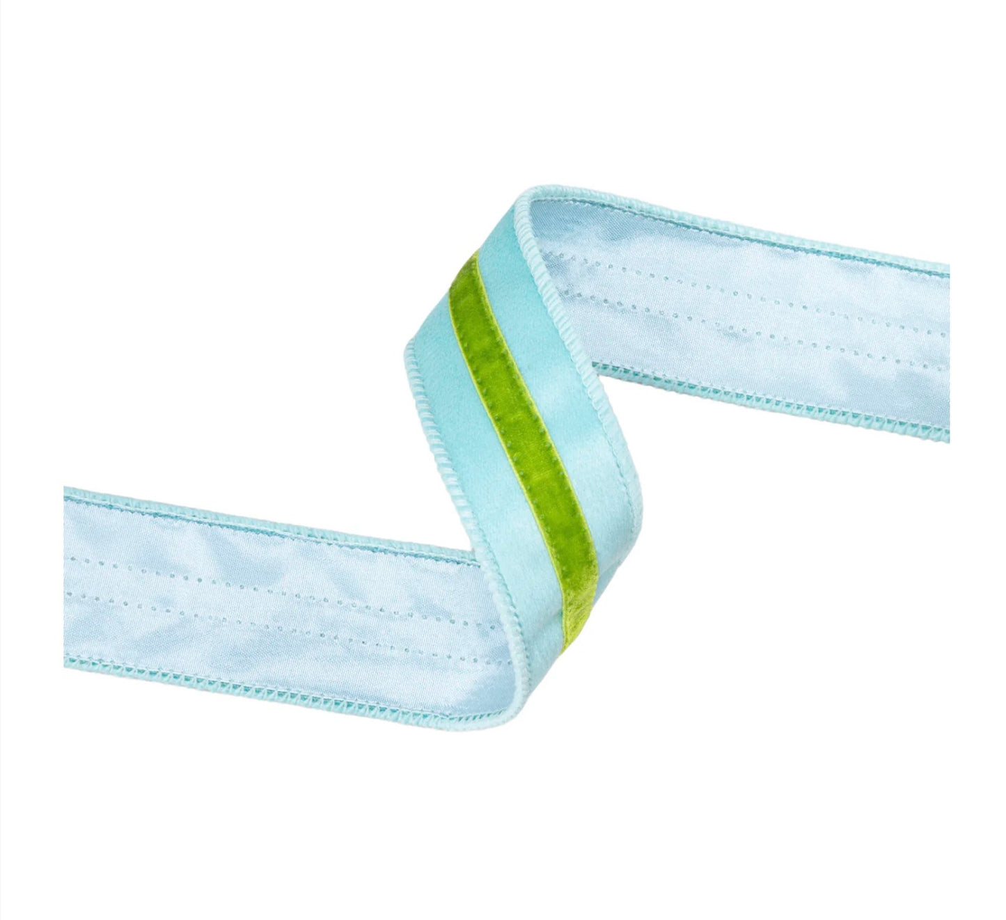 1 1/2” Wired Velvet Ribbon/Blue w Green Trim/10 Yards