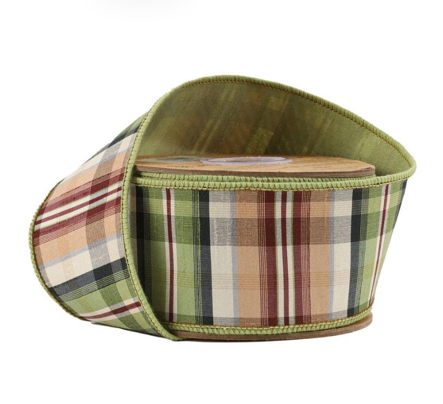 2 1/2” Wired Ribbon Green/Tan Plaid w Dupioni Back 10yrds