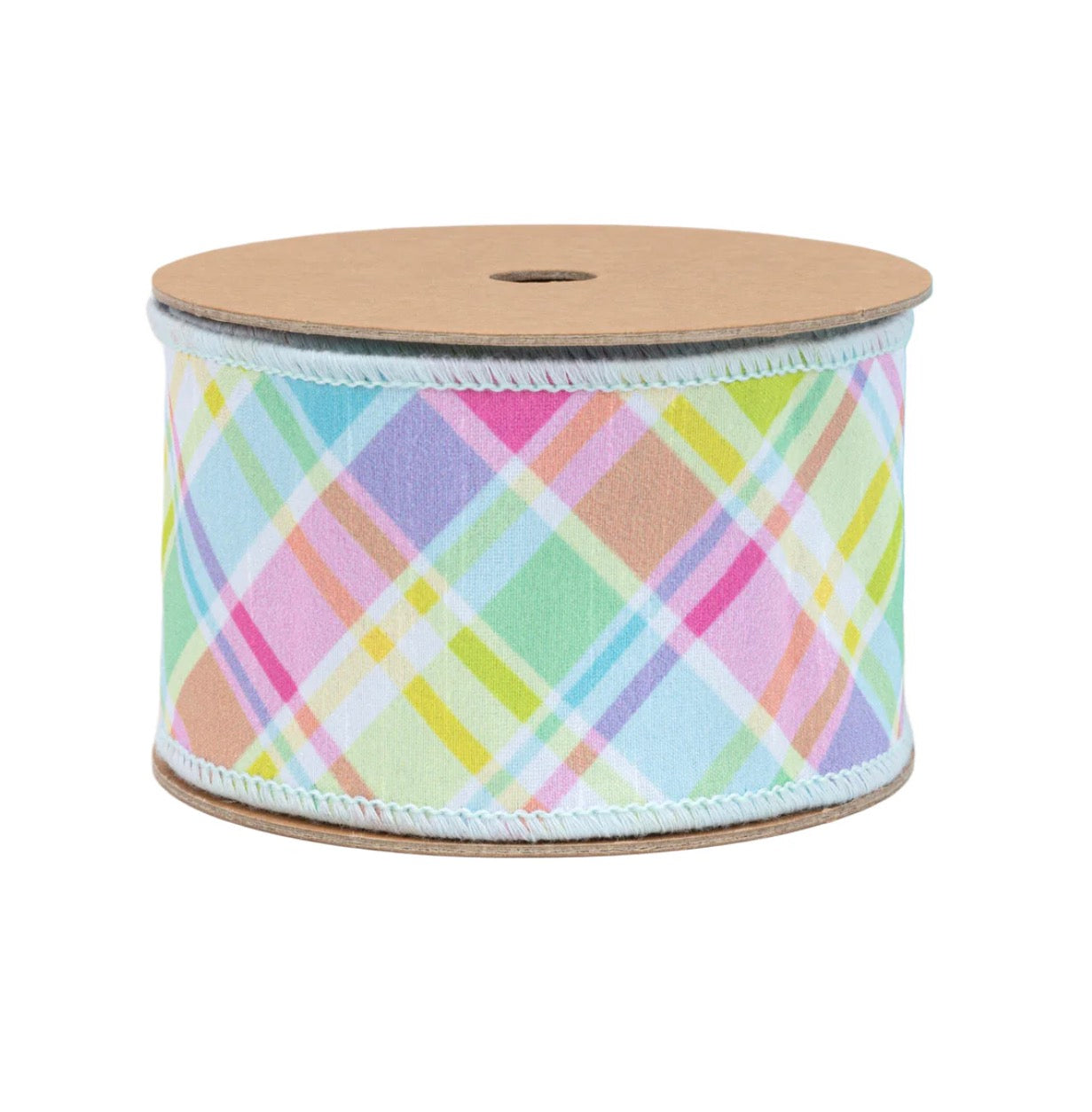 2 1/2” Wired Dupioni Ribbon/Bias Large Plaid Blue & Yellow w Blue Taffeta Fused Back/10 Yard Roll