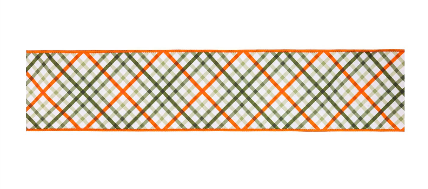 4” Wired Dupioni Ribbon Garden Bias Plaid w Orange Backing/10 Yard Roll