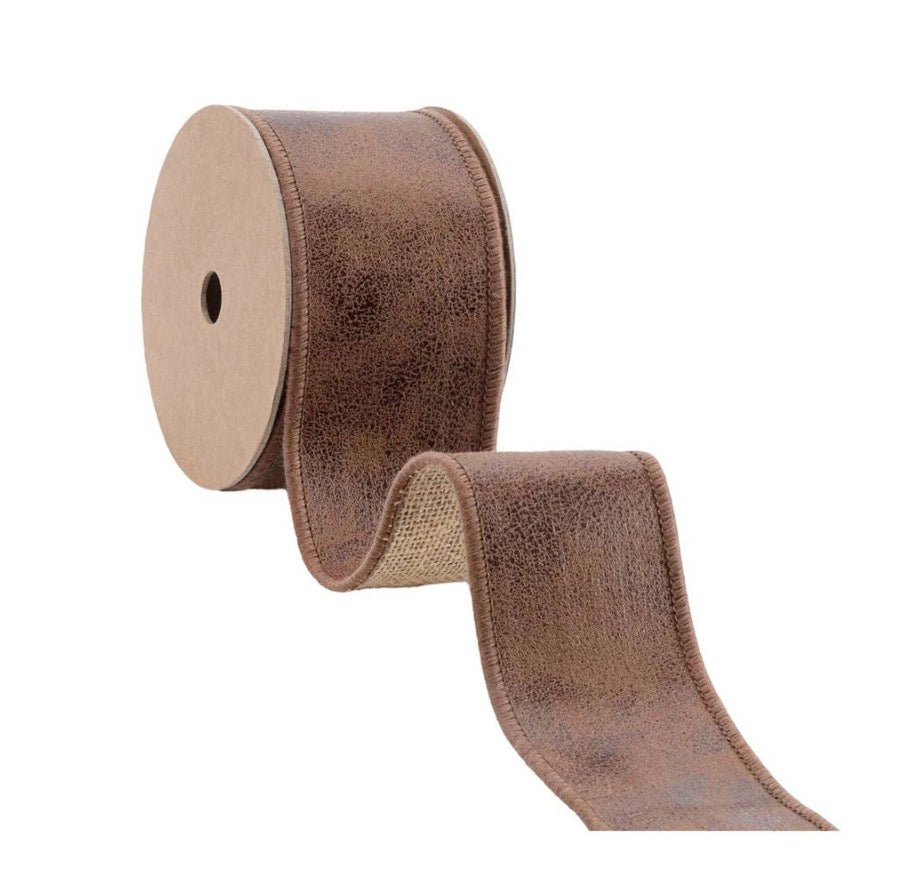 2 1/2” Wired Leather Ribbon Brown w Jute Backing