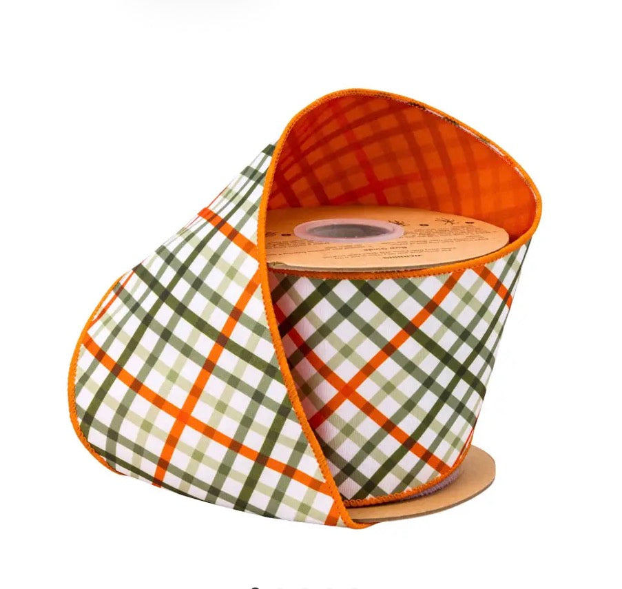 4” Wired Dupioni Ribbon Garden Bias Plaid w Orange Backing/10 Yard Roll
