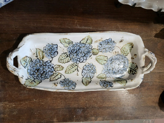 Blue Hydrangea Rectangle Platter with Handles