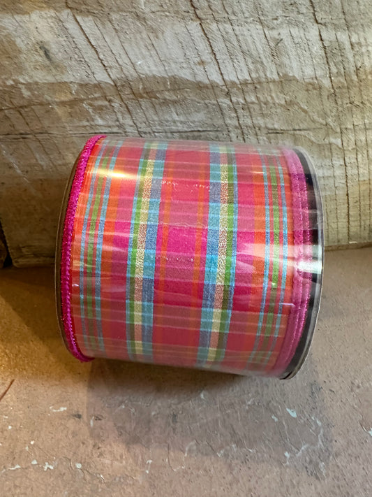 4"x10 Yrd Hot Pink and Orange Plaid Ribbon