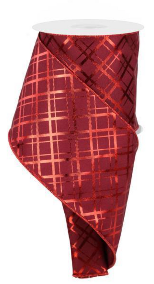 4"X10YD Red and Wine Metallic Diagonal Plaid Ribbon