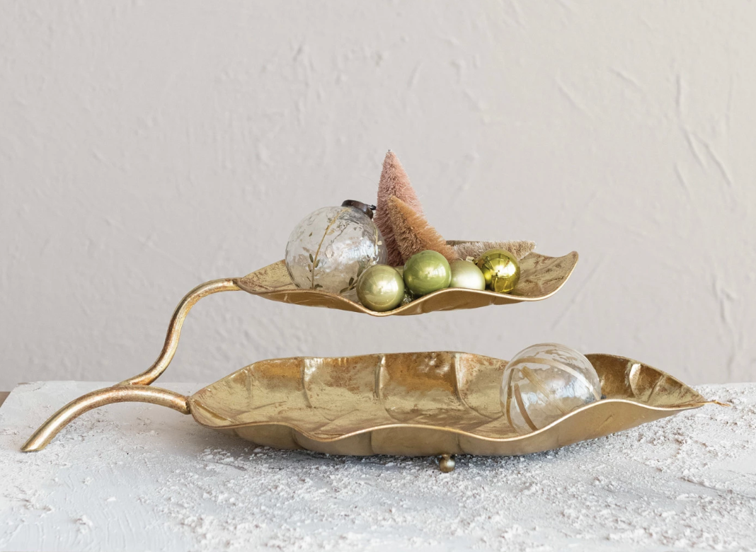 Decorative Metal 2-Tier Leaf Shape Tray