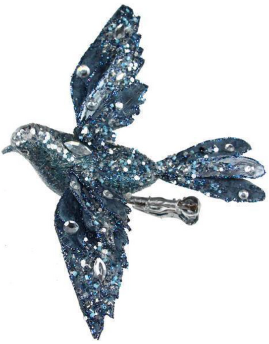 Blue Velvet Beaded Bird With Clip