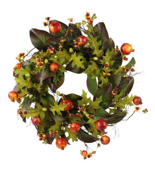 25" Green & Gold Magnolia & Pomegranate Wreath