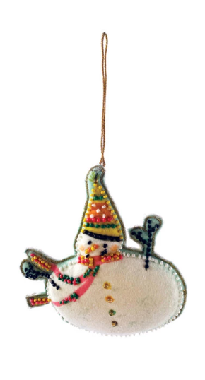 Cotton Beaded Velvet Snowman Ornament