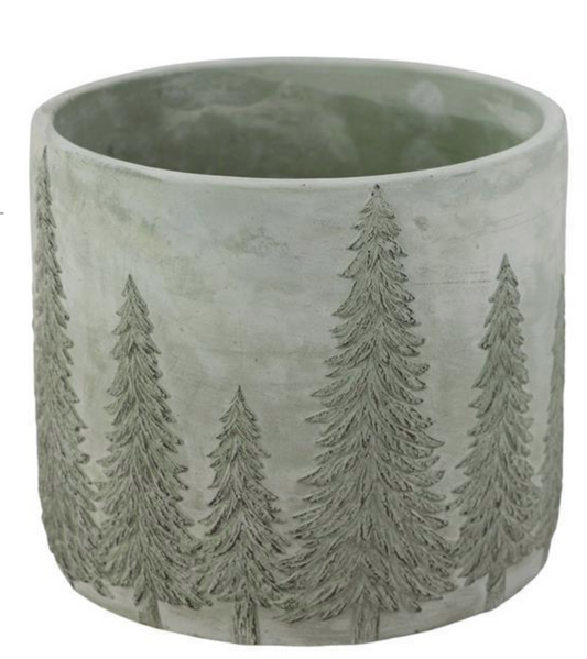 8" Grey Cement Planter with Pine Trees