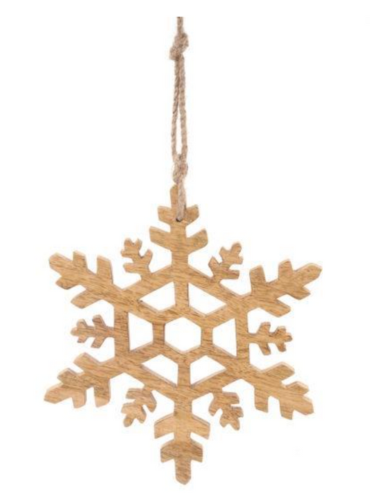 8" Natural Mango Wood Snowflake Ornament
