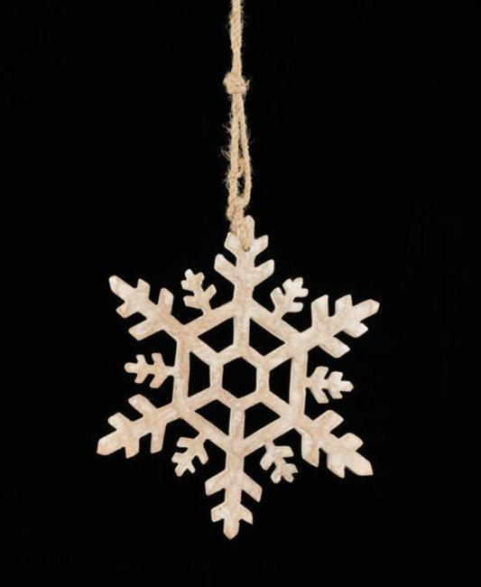 12" Whitewash Mango Wood Snowflake Ornament