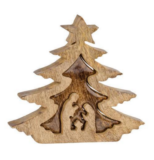 7" Clear Enamel Mango Wood Nativity Tree