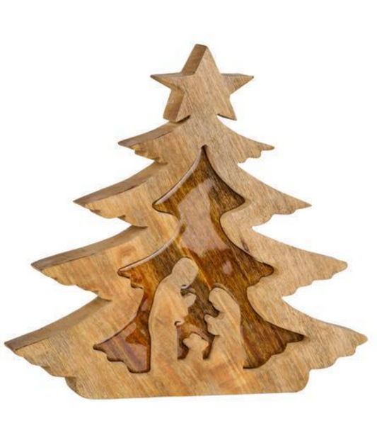 12.25" Clear Enamel Mango Wood Nativity Tree