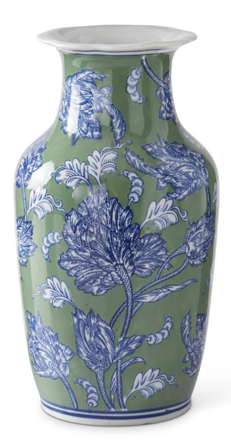 Blue Green & White Floral Ceramic Vase