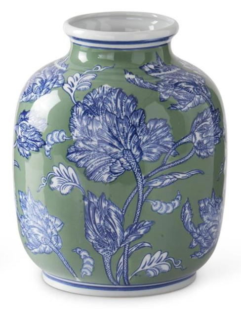Blue Green & White Floral Ceramic Vase