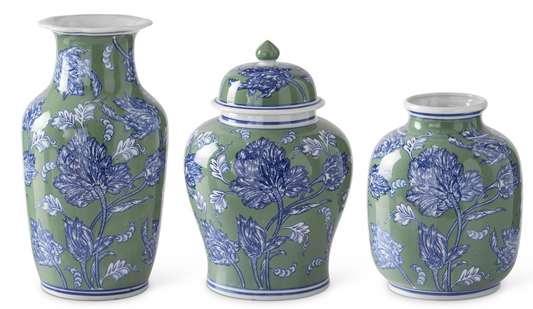 Blue Green & White Floral Ceramic Vase
