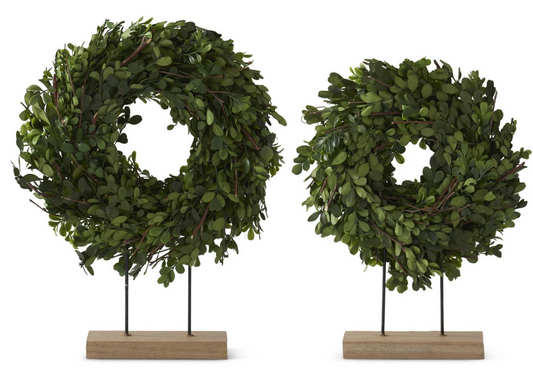 Preserved Boxwood Wreaths on Spindles & Wood Bases