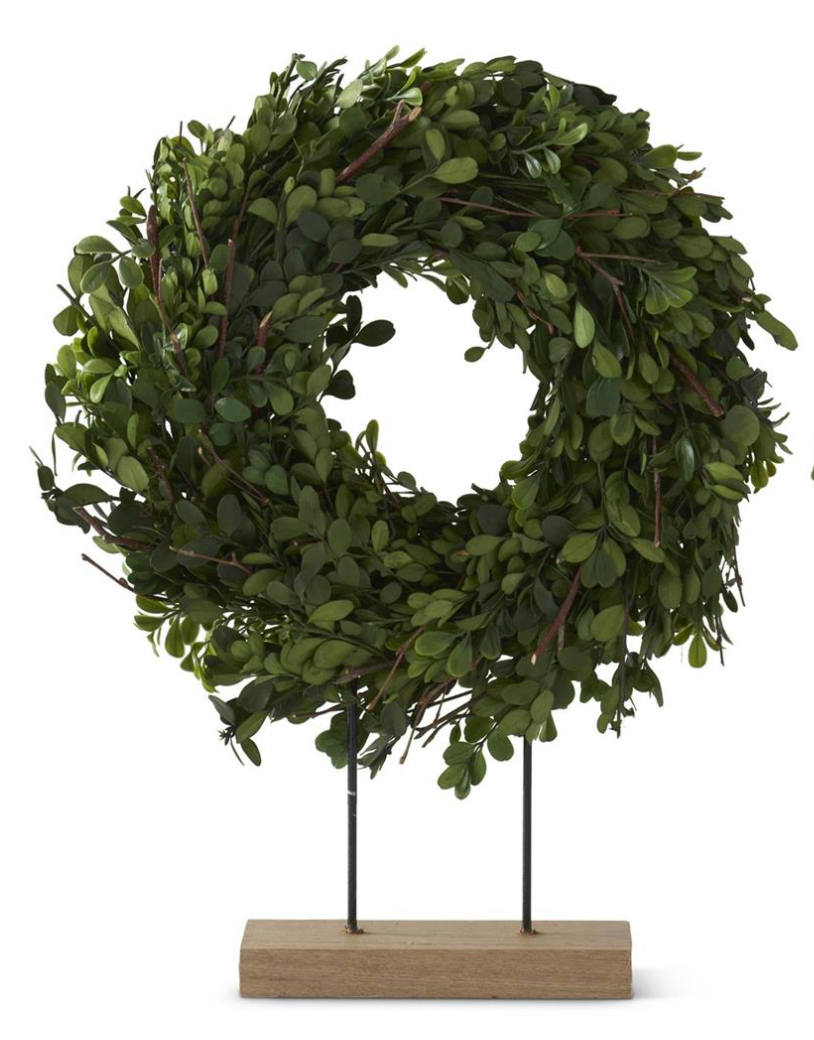 Preserved Boxwood Wreaths on Spindles & Wood Bases