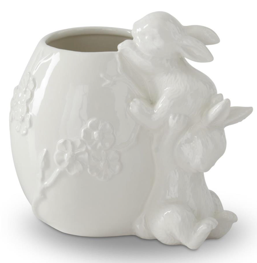 White Ceramic Flower Embossed Egg Container w/2 Easter Bunnies