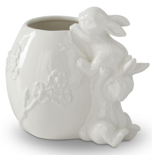 White Ceramic Flower Embossed Egg Container w/2 Easter Bunnies
