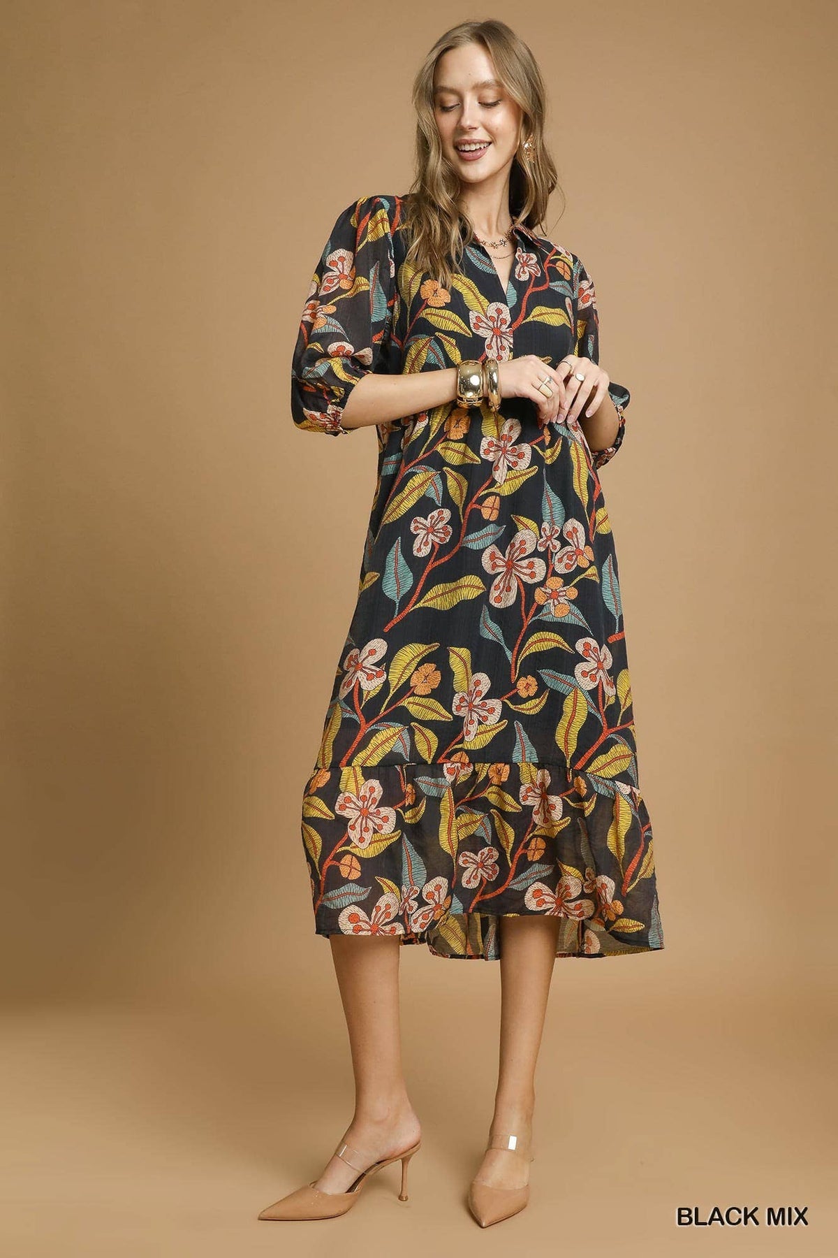 Mixed Floral Print Tiered Midi Dress